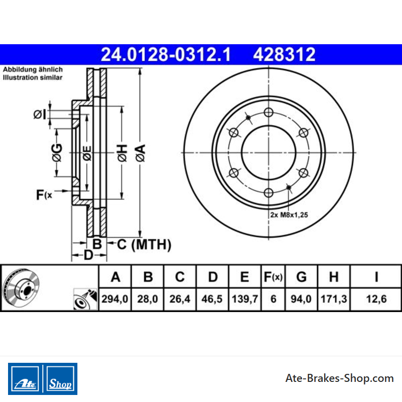 ATE Disco de freno original de 2 piezas (24012803121) para Fiat, Mitsubishi