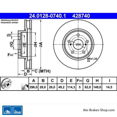 ATE Disco de freno original de 2 piezas (24012807401) para Lexus