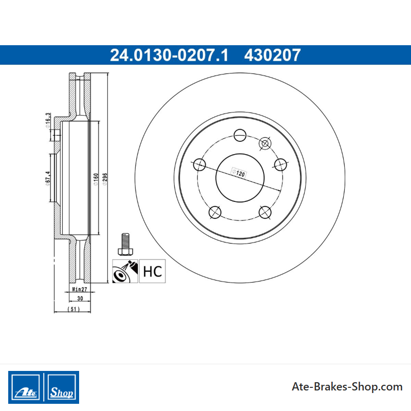 ATE Originale Bremsscheibe (24013002071) für Chevrolet, Opel, Saab