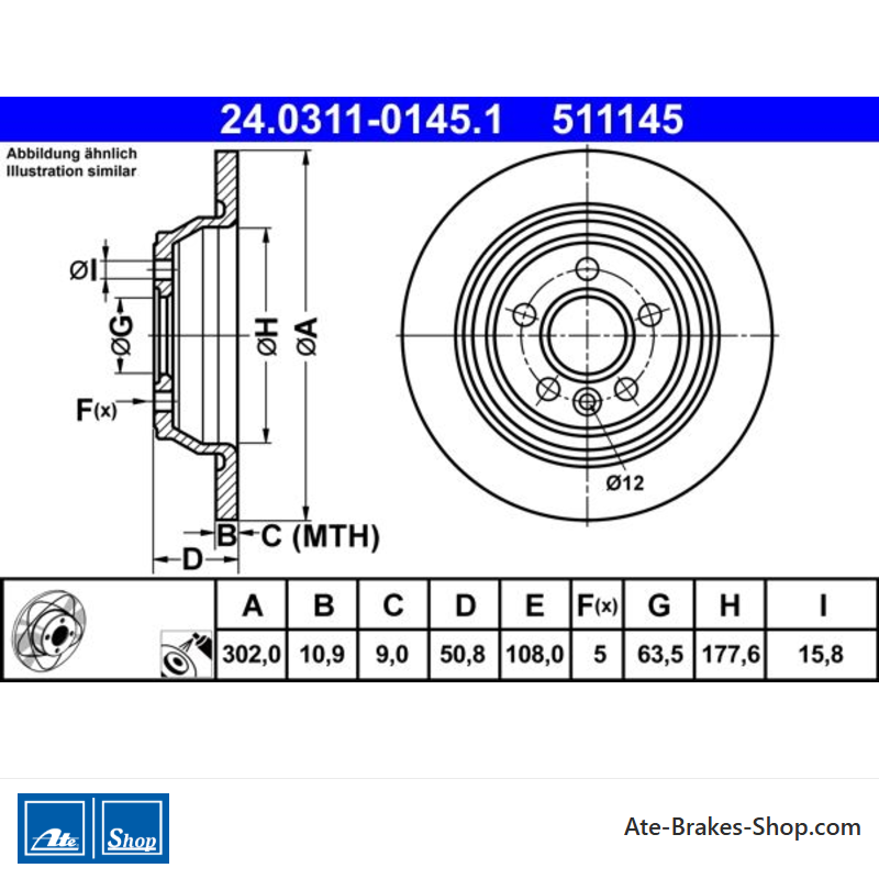 ATE Disco de freno asistido (24031101451) original de 2 piezas para Ford, Land Rover