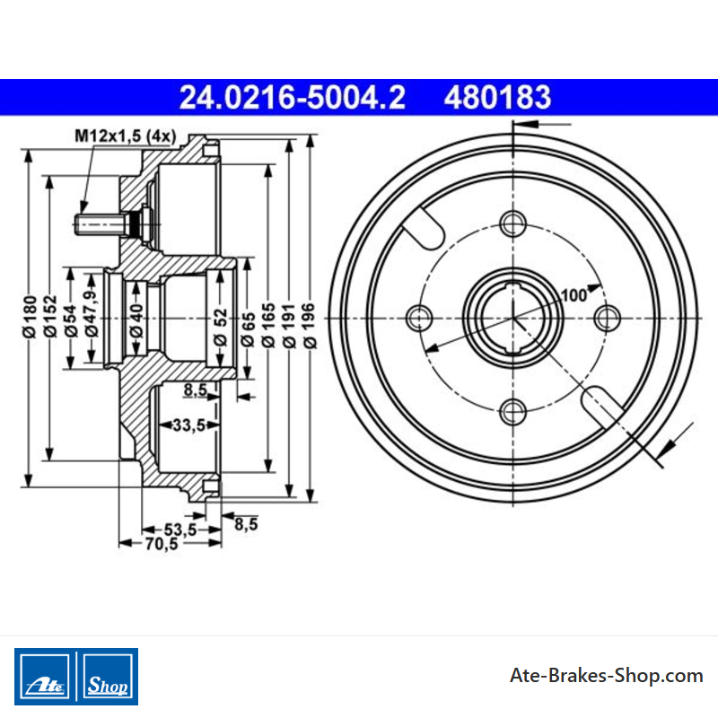 ATE Tambor de freno original de 2 piezas (24021650042) para Daihatsu
