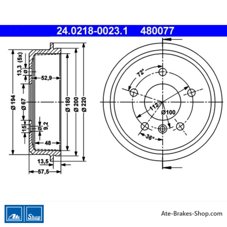 ATE Tambour de frein original en 2 pièces (24021800231) pour Mercedes-Benz