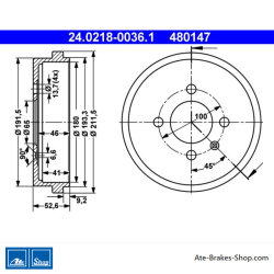 ATE Original 2 Pieces Brake Drum (24021800361) for Volkswagen (VW)