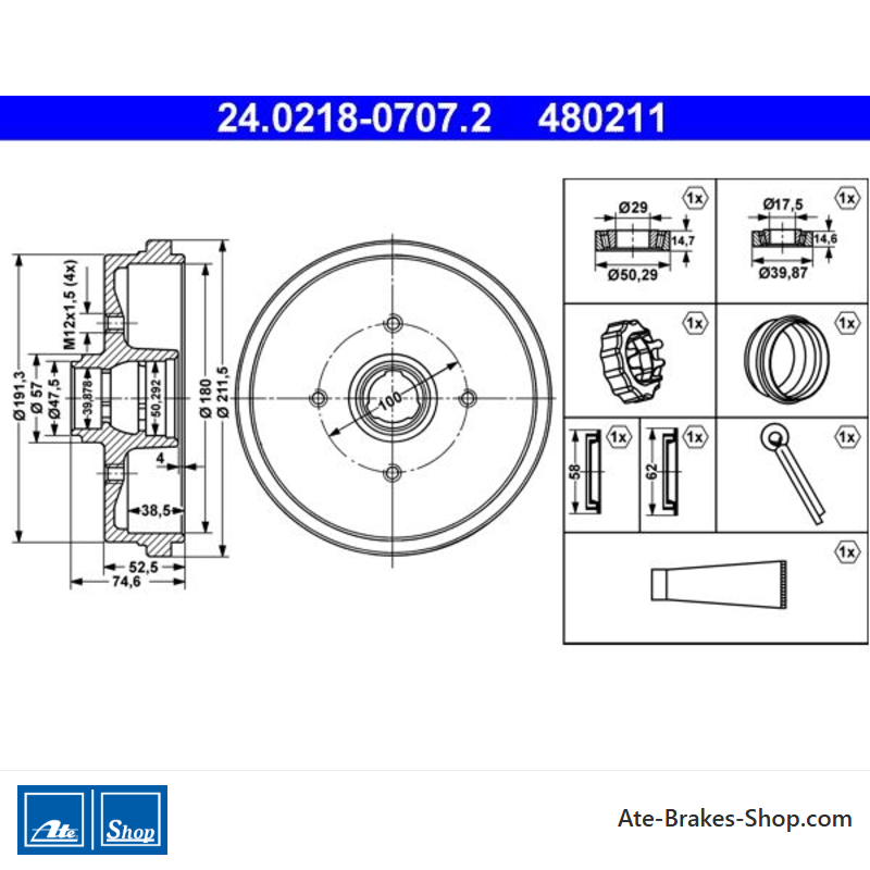 ATE Original 2 Pieces Brake Drum (24021807072) for Audi, Seat, Volkswagen (VW)