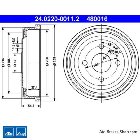 ATE Tambour de frein original en 2 pièces (24022000112) pour Opel