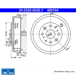 ATE Original 2 Pieces Brake Drum (24022000261) for Mazda