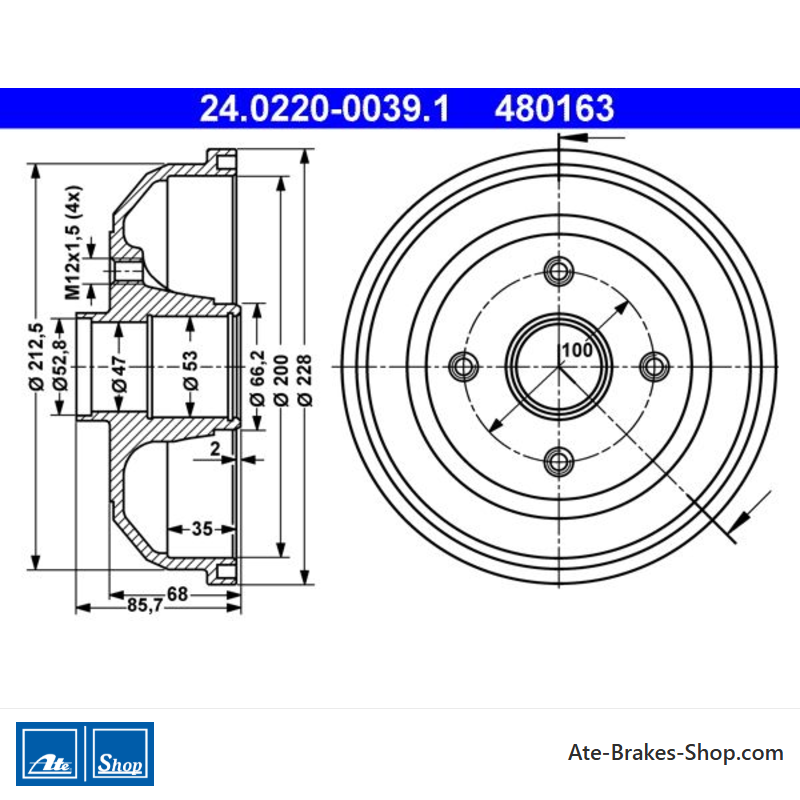 ATE Original zweiteiliger Bremstrommel (24022000391) für Opel