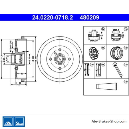 ATE Original 2 Pieces Brake Drum (24022007182) for Audi, Seat, Skoda, Volkswagen (VW)
