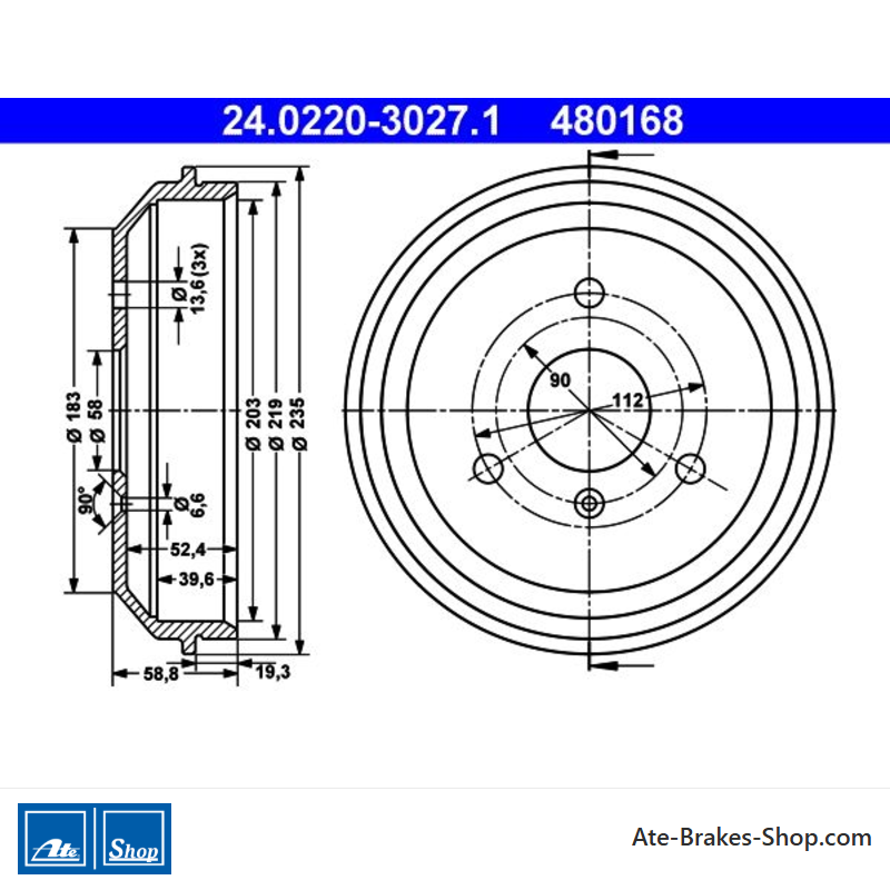 ATE Original 2 Pieces Brake Drum (24022030271) for Smart