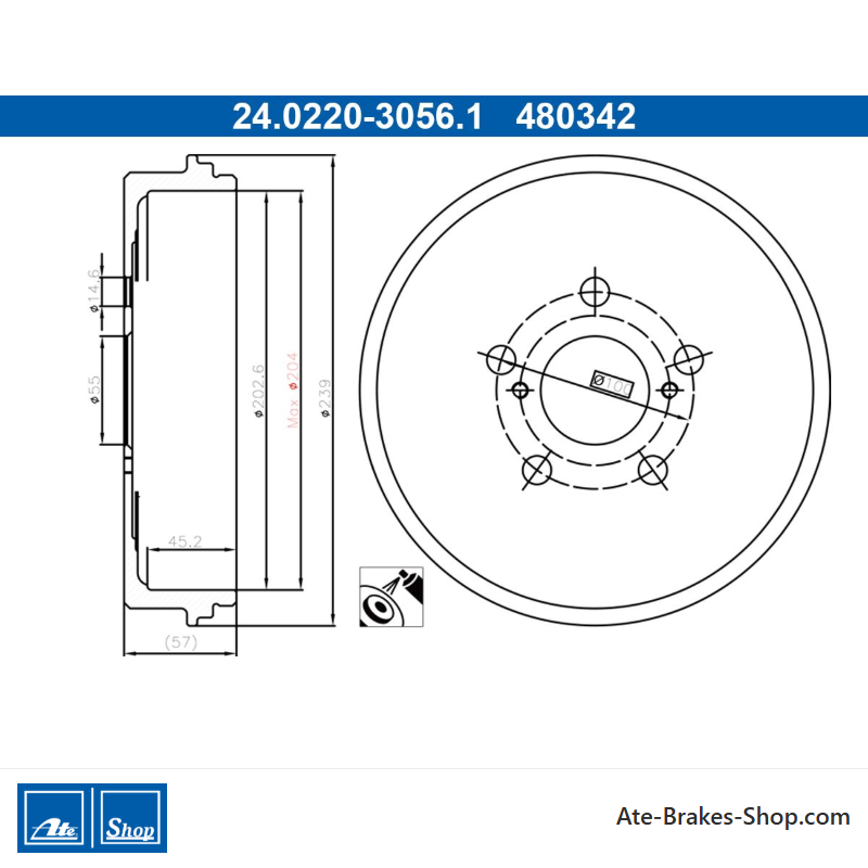 ATE Tambor de freno original de 2 piezas (24022030561) para Toyota