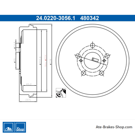 ATE Tambor de freno original de 2 piezas (24022030561) para Toyota