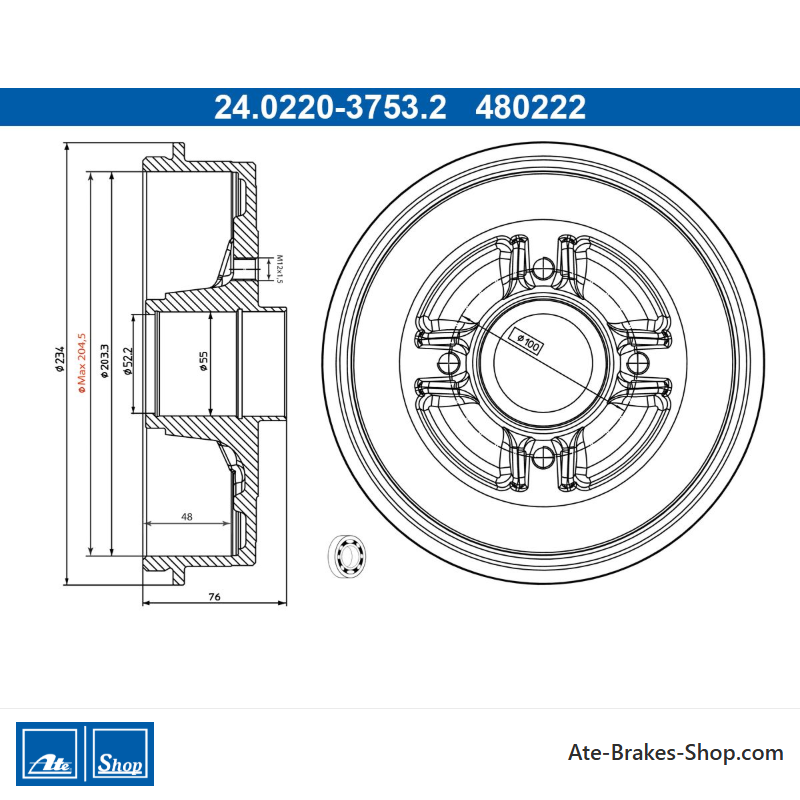 ATE Original 2 Teile Bremstrommel (24022037532) für Dacia, Renault