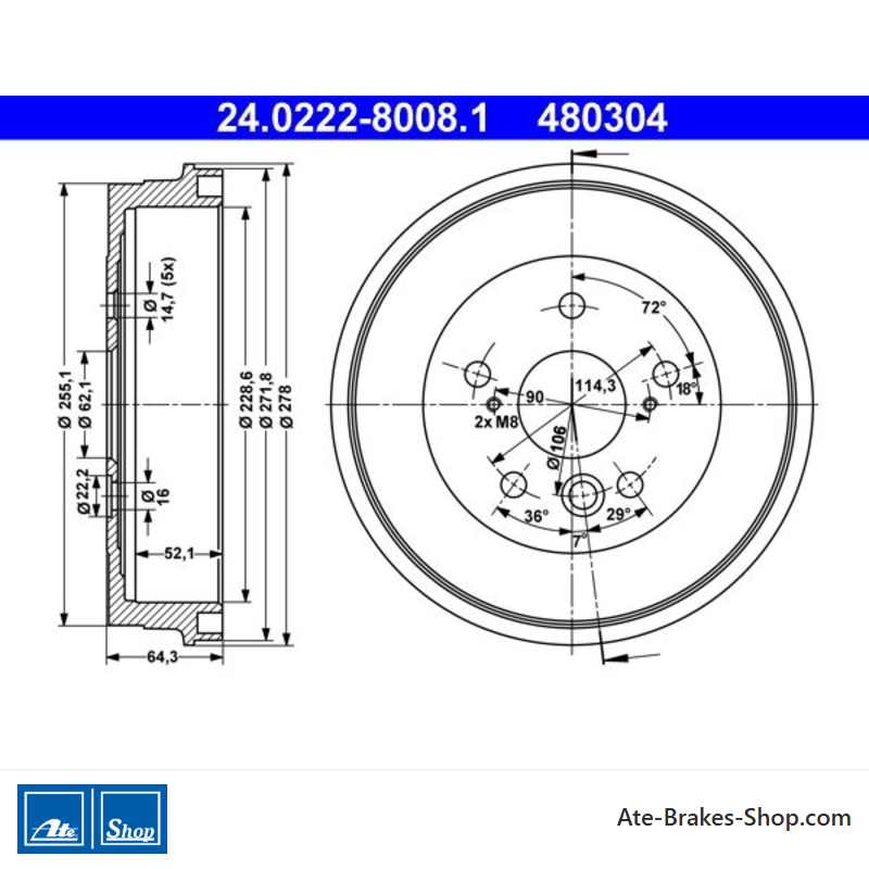 ATE Tambour de frein original en 2 pièces (24022280081) pour Toyota