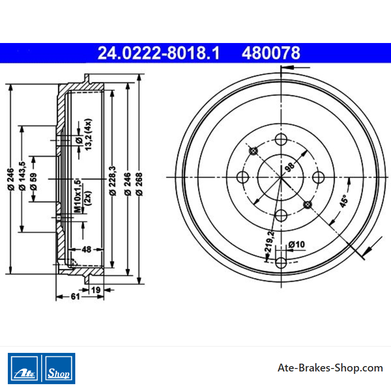 ATE Originele 2-delige remtrommel (24022280181) voor Alfa Romeo, Citroën, Fiat, Lancia, Peugeot