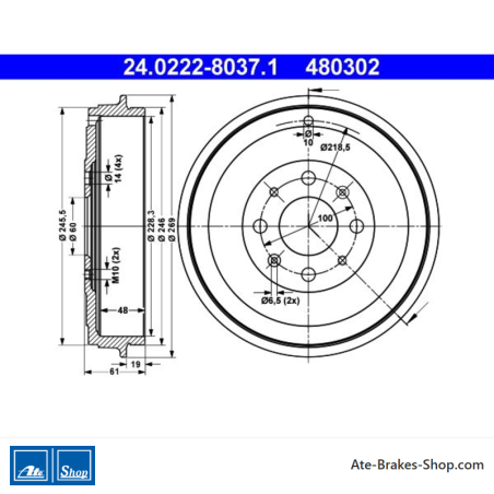 ATE Tambor de freno original de 2 piezas (24022280371) para Fiat, Opel