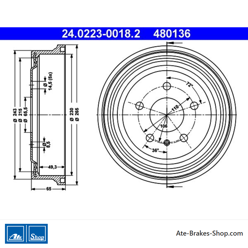 ATE Original-2-teilige Bremstrommel (24022300182) für Opel
