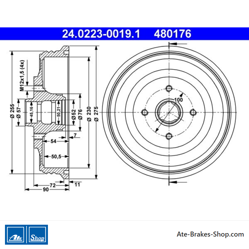 ATE Tambour de frein original en 2 pièces (24022300191) pour la selle, Volkswagen (VW)