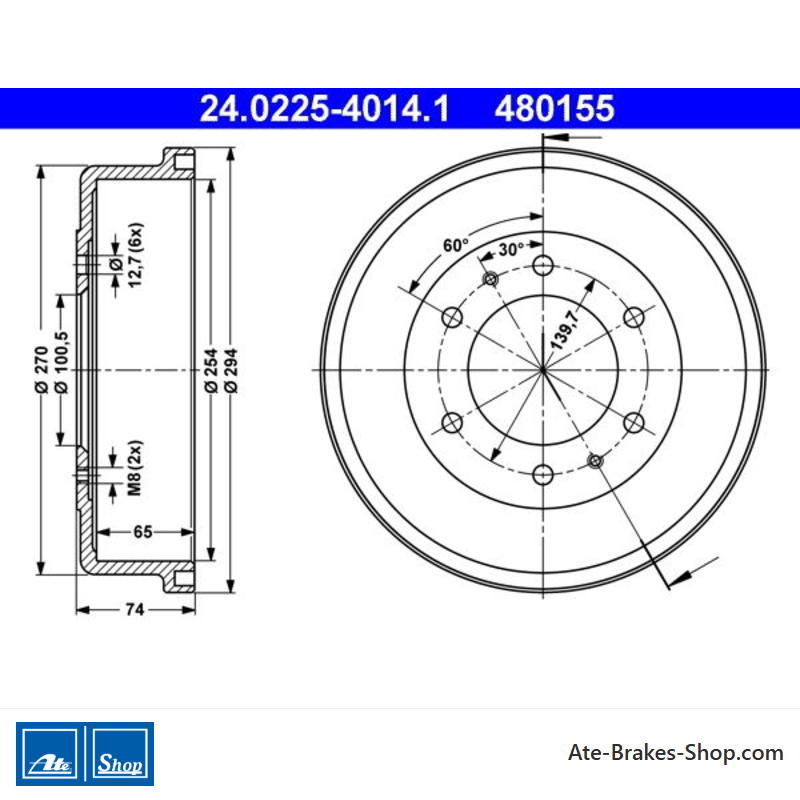 ATE Tambor de freno original de 2 piezas (24022540141) para Ford, Nissan