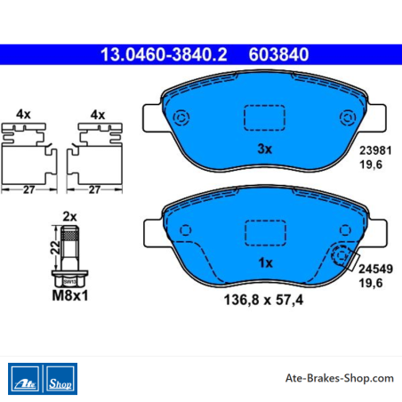 ATE original brake pads (13046038402) for Fiat, Opel