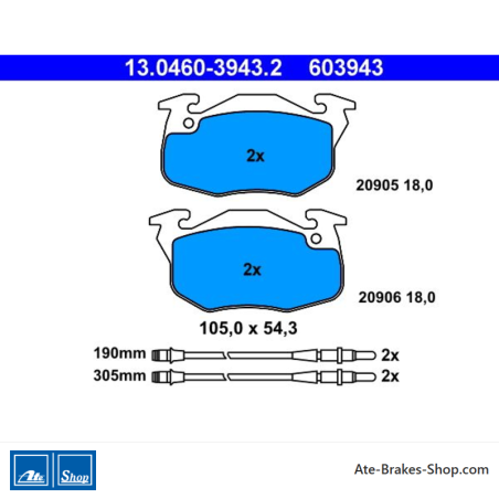 ATE original brake pads (13046039432) for Peugeot