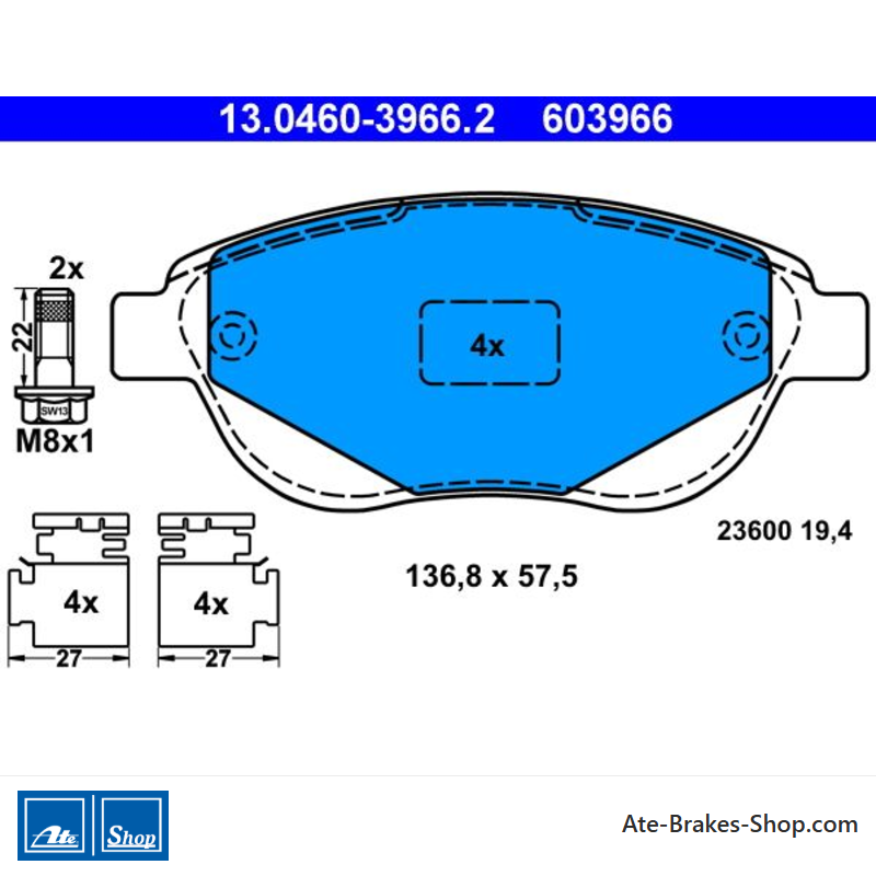 ATE original brake pads (13046039662) for Citroën, Peugeot