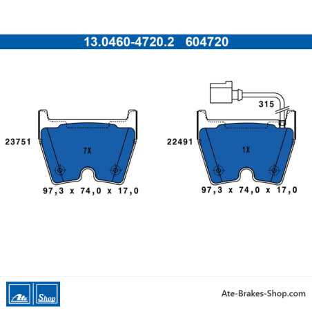 ATE original brake pads (13046047202) for Audi