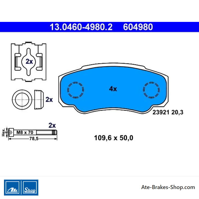 ATE original brake pads (13046049802) for Citroën, Fiat, Peugeot