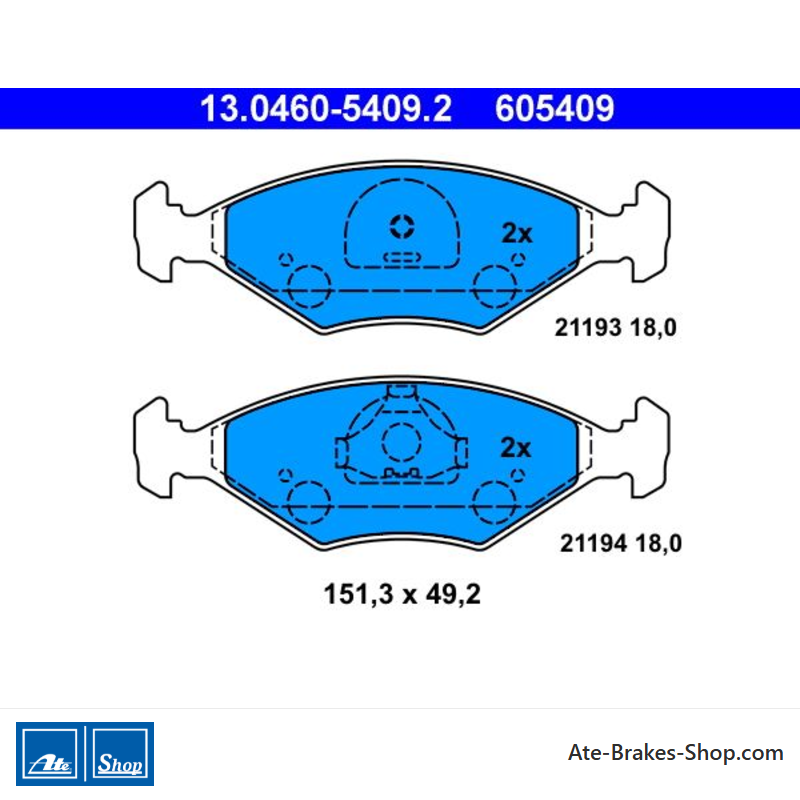 ATE plaquettes de frein d’origine (13046054092) pour Fiat