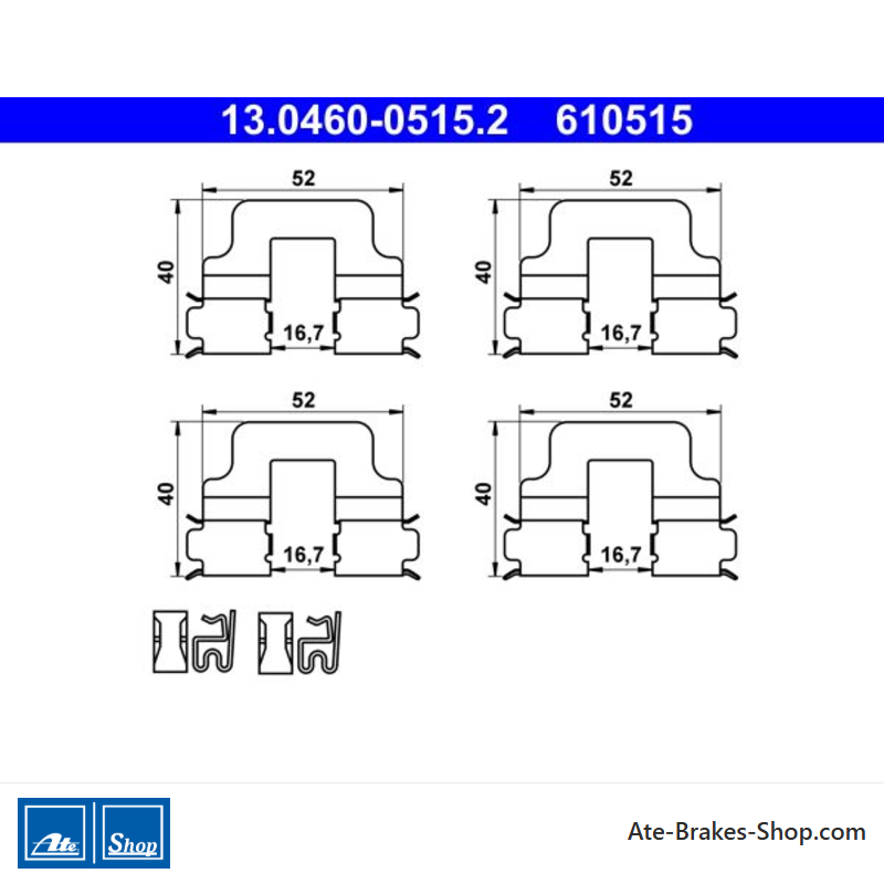 ATE Originele remblok-accessoirekit (13046005152) voor Abarth, Alfa Romeo, Fiat, Lancia