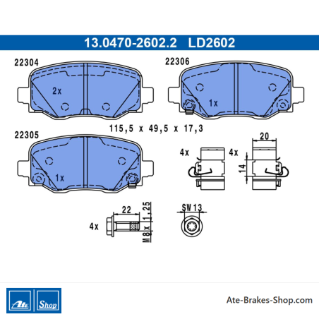 ATE original ceramic brake pads (13047026022) for Alfa Romeo, Fiat, Jeep