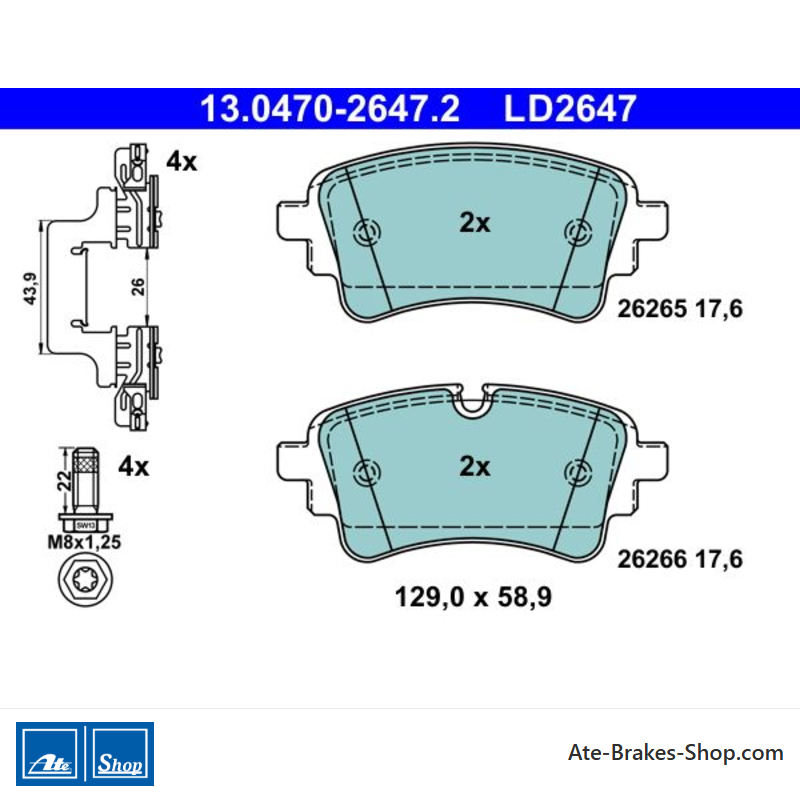ATE original ceramic brake pads (13047026472) for Audi, Volkswagen (VW)