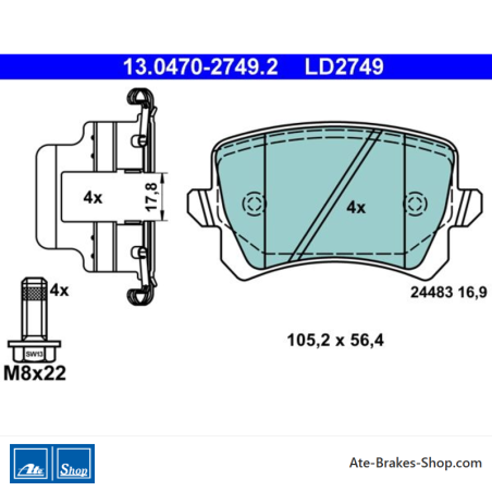 ATE original ceramic brake pads (13047027492) for Audi, Seat, Skoda, Volkswagen (VW)