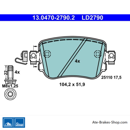 ATE original ceramic brake pads (13047027902) for Audi, Seat, Skoda, Volkswagen (VW)