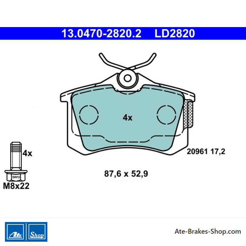 ATE original ceramic brake pads (13047028202) for Audi, Citroën, Peugeot, Seat, Skoda, Volkswagen (VW)