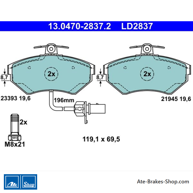 ATE originale Keramikbremsbeläge (13047028372) für Audi, Seat, Volkswagen (VW)