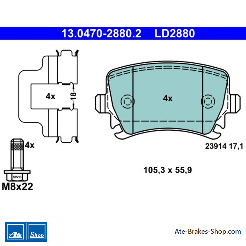 ATE pastillas de freno cerámicas originales (13047028802) para Audi, Seat, Skoda, Volkswagen (VW)