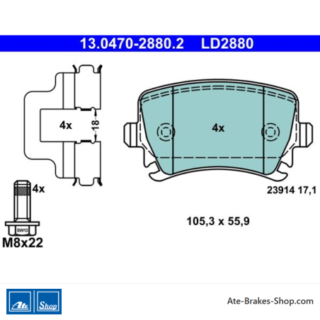 ATE originale Keramikbremsbeläge (13047028802) für Audi, Seat, Skoda, Volkswagen (VW)