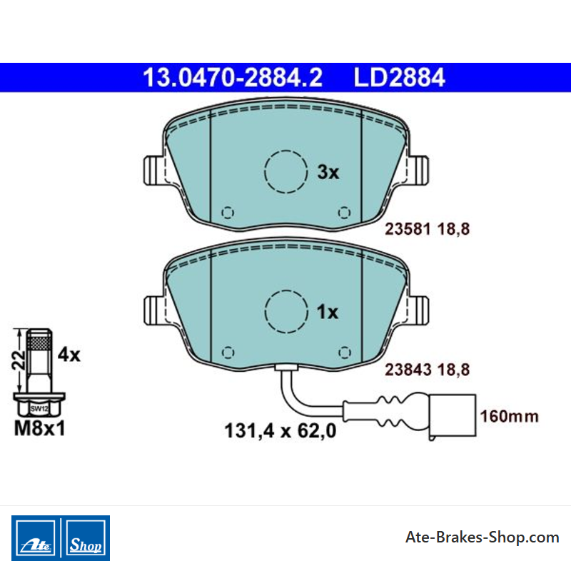 ATE plaquettes de frein en céramique d’origine (13047028842) pour Seat, Skoda, Volkswagen (VW)
