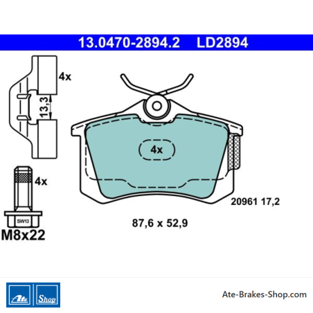 ATE plaquettes de frein en céramique d’origine (13047028942) pour Audi, Seat, Skoda, Volkswagen (VW)