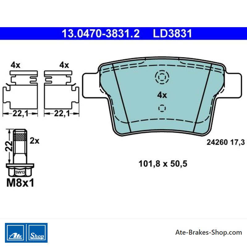 ATE originale keramische Bremsbeläge (13047038312) für Ford, Jaguar