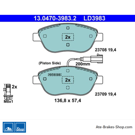 ATE original ceramic brake pads (13047039832) for Fiat, Lancia