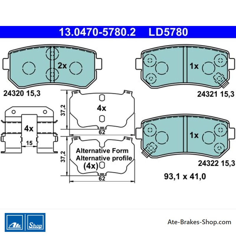 ATE original ceramic brake pads (13047057802) for Hyundai, Kia