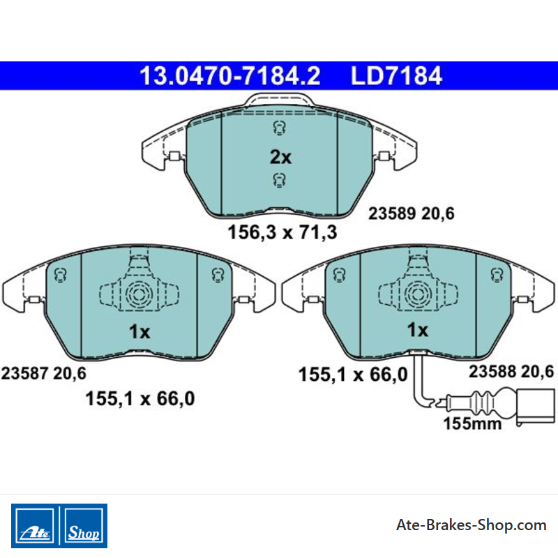 ATE original ceramic brake pads (13047071842) for Audi, Seat, Skoda, Volkswagen (VW)