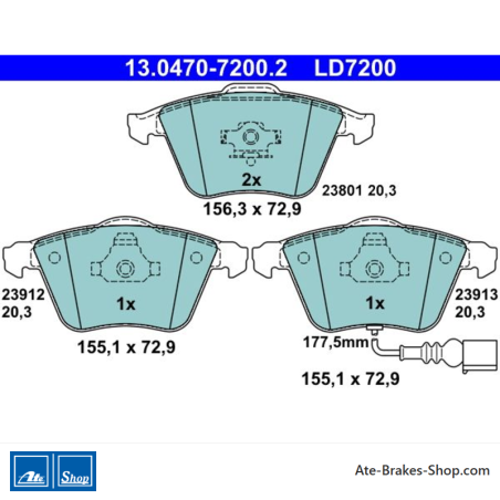 ATE originele keramische remblokken (13047072002) voor Audi, Seat, Skoda, Volkswagen (VW)