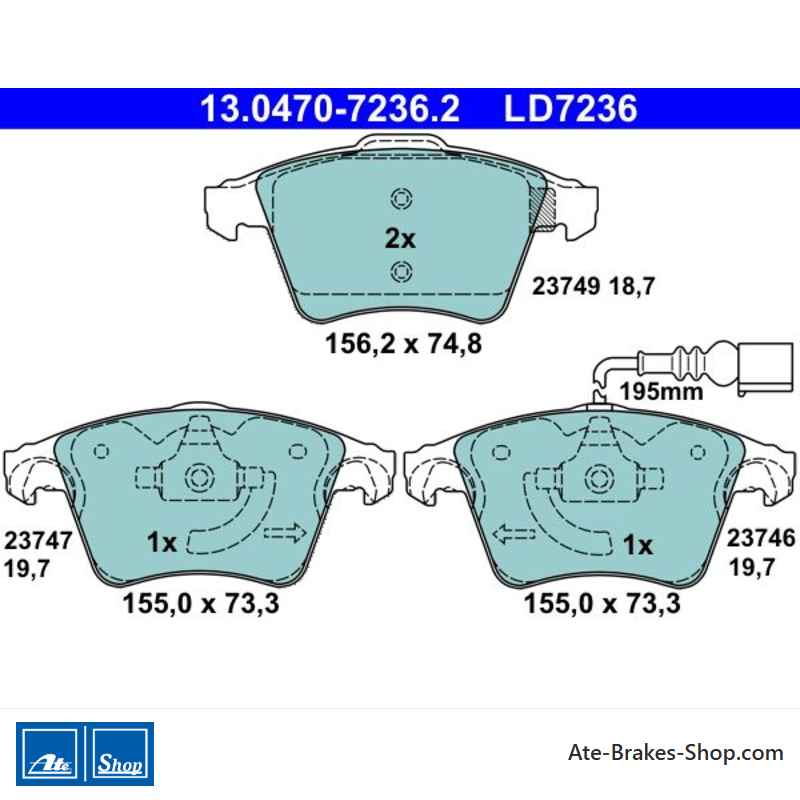 ATE pastillas de freno cerámicas originales (13047072362) para Volkswagen (VW)