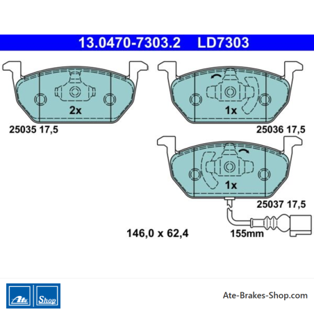 ATE plaquettes de frein en céramique d’origine (13047073032) pour Audi, Seat, Skoda, Volkswagen (VW)