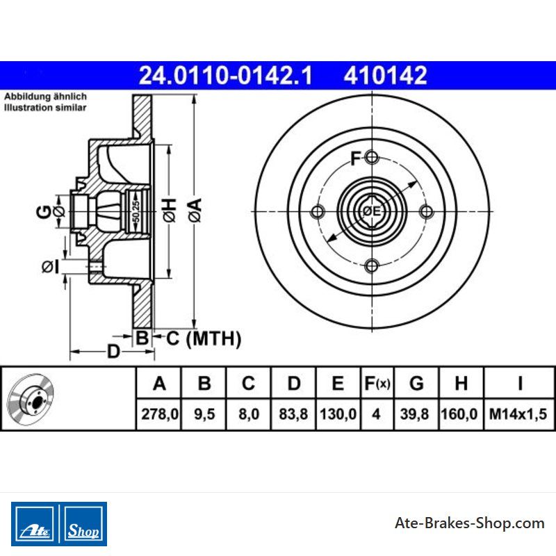 ATE Disco de freno original de 2 piezas (24011001421) para Volkswagen (VW)