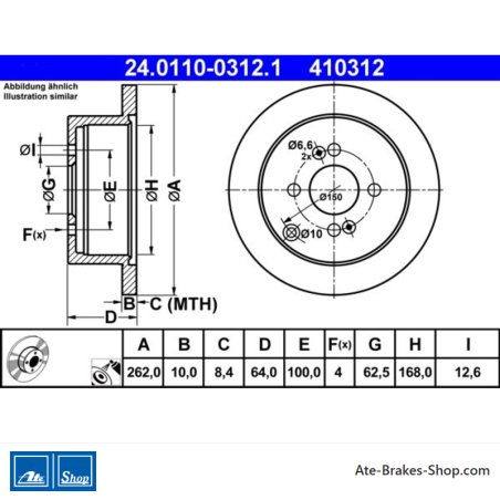 ATE Disque de frein original en 2 pièces (24011003121) pour Hyundai, Kia