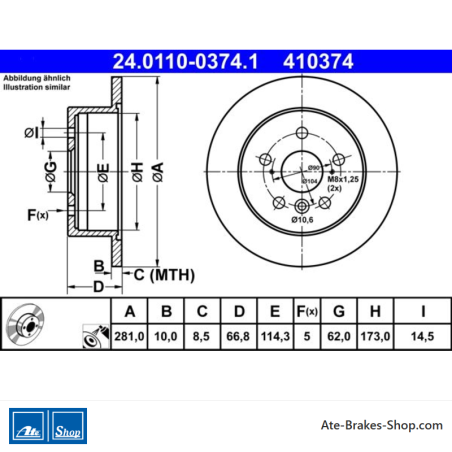ATE Disco de freno original de 2 piezas (24011003741) para Toyota