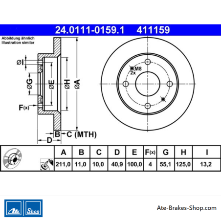 ATE Disco de freno original de 2 piezas (24011101591) para Daihatsu